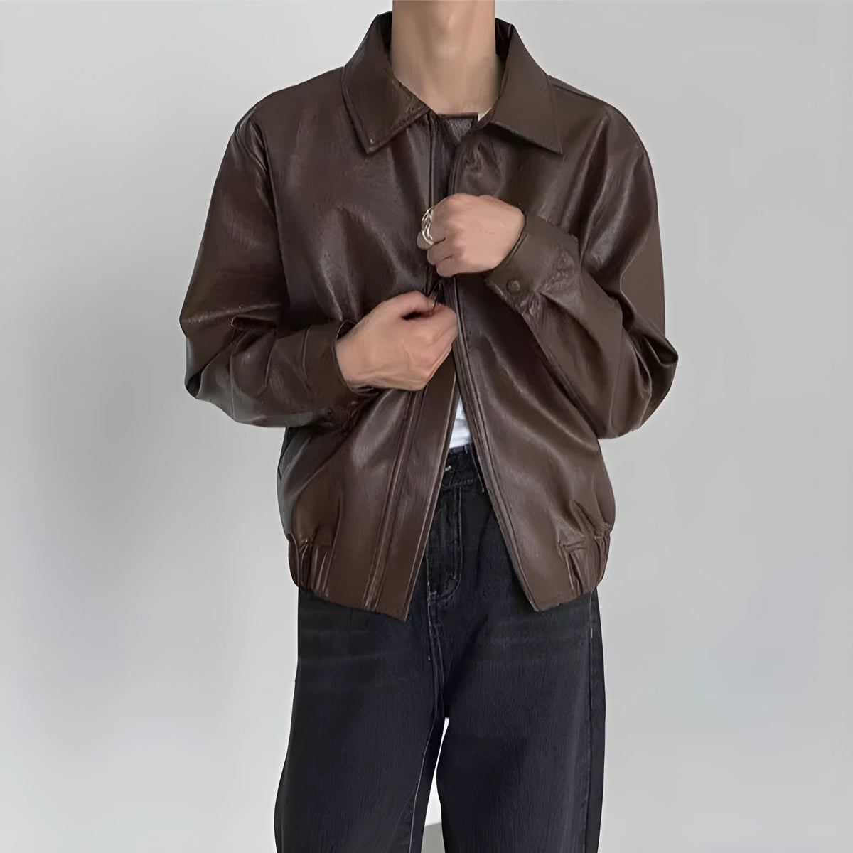 Brown Korean-style casual hip-hop jacket with PU leather outer, polyester lining and straight hem