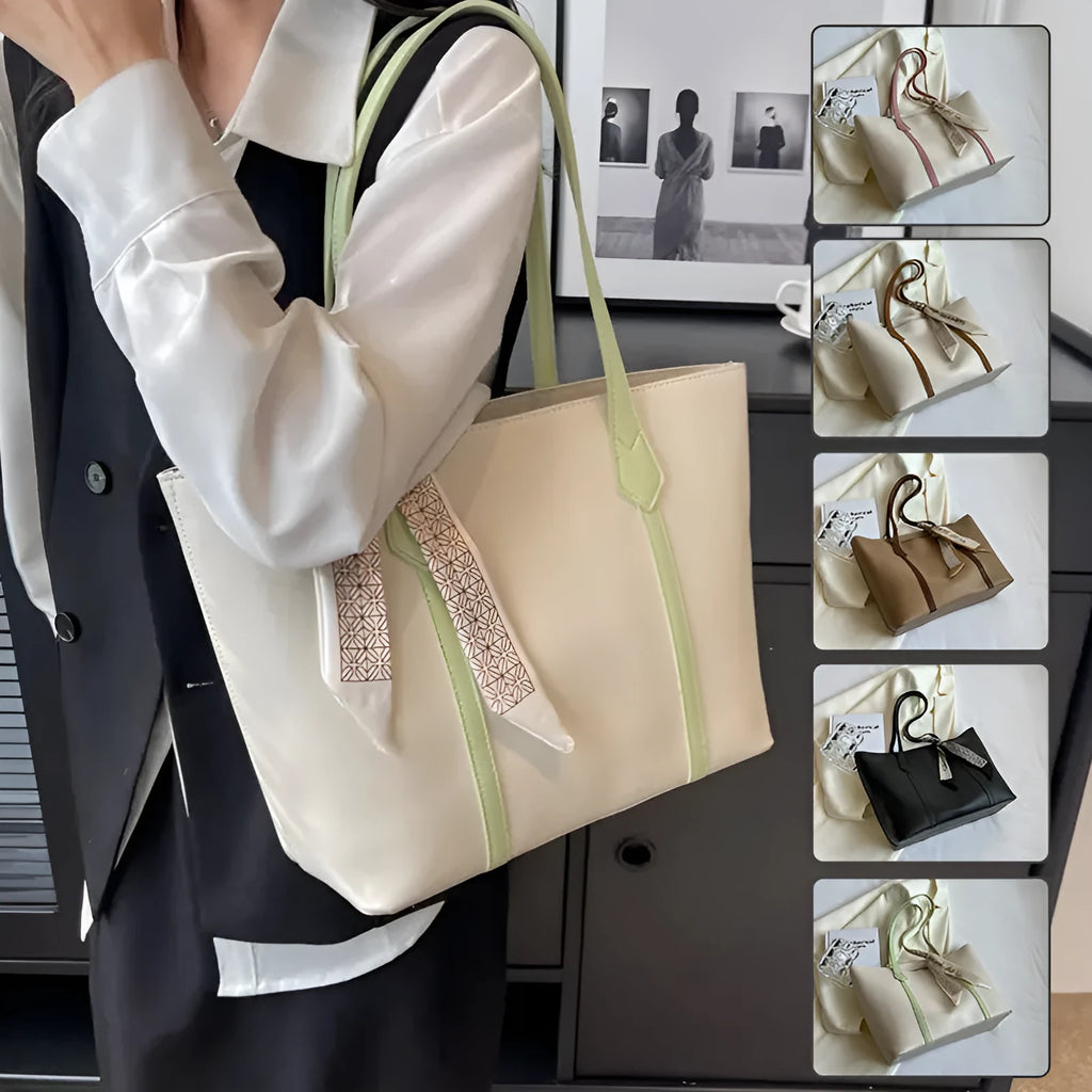 Women's casual tote bag with bucket design showing shoulder strap and crossbody carrying option
