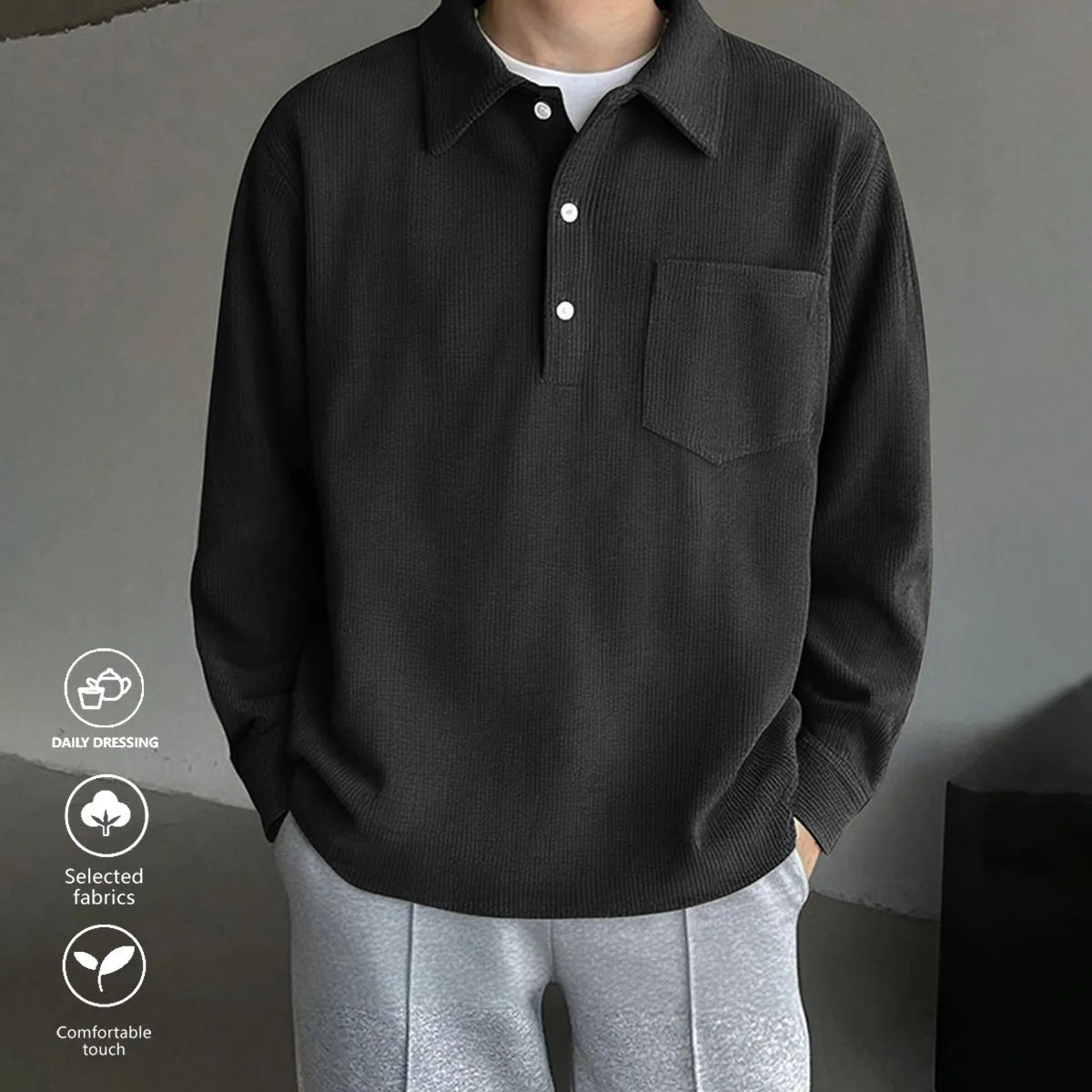 American retro casual bottoming shirt, loose pullover polyester top in black, green, or dark gray, sizes S to XXL