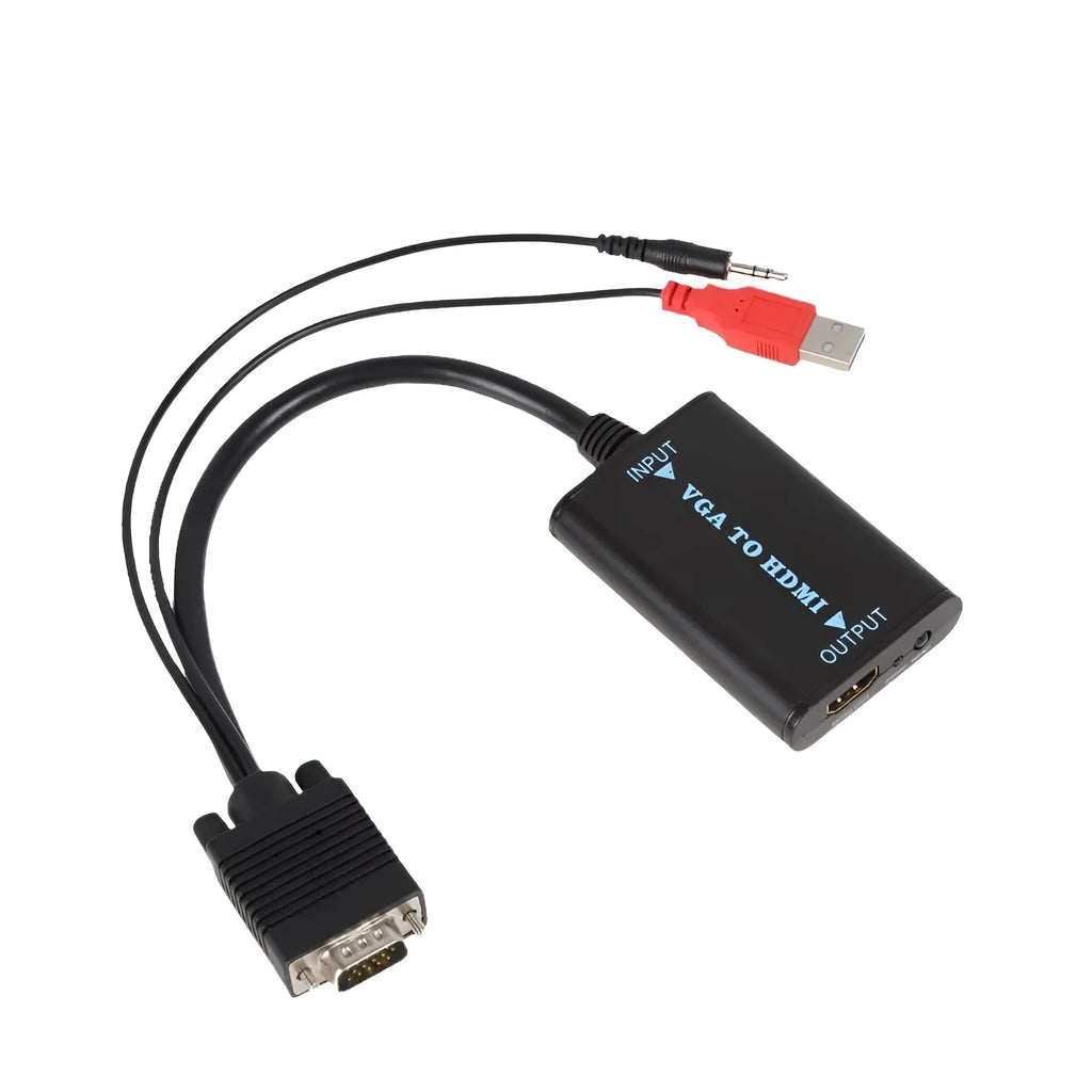 Black VGA to HDMI female converter with USB port for connecting computers to displays