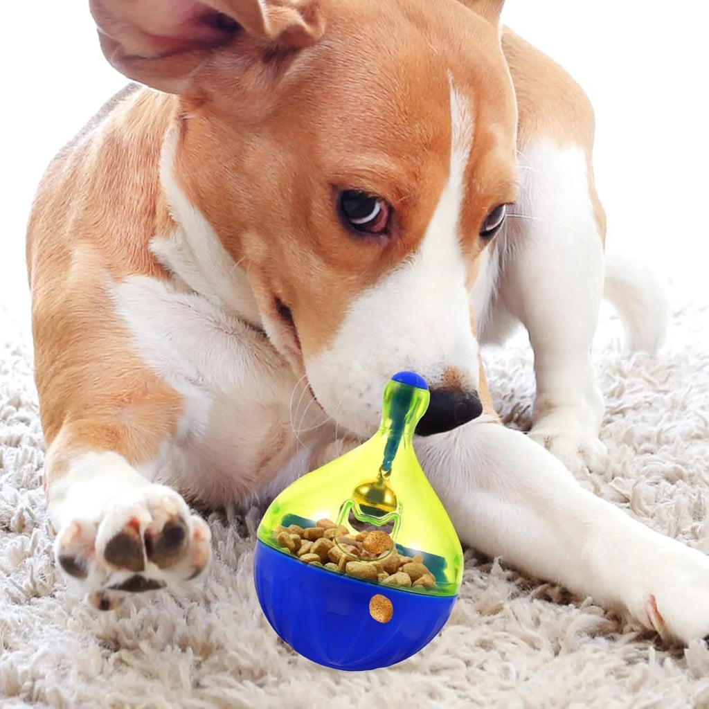 Blue tumbler-shaped dog and cat treat dispenser ball with food opening for interactive pet play