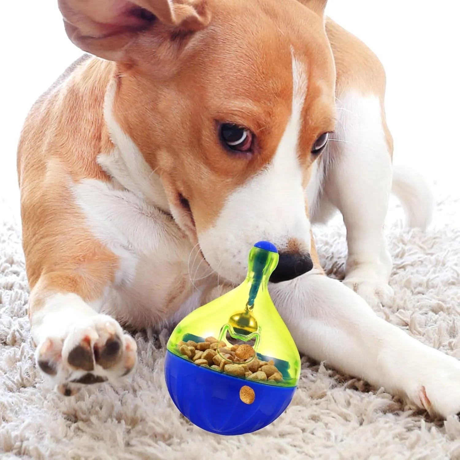 Blue tumbler-shaped dog and cat treat dispenser ball with food opening for interactive pet play