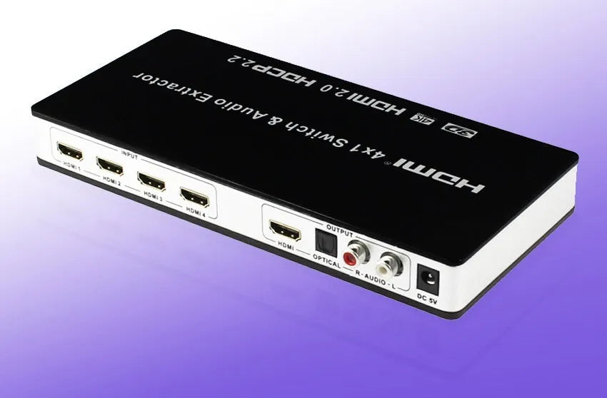 Black HDMI switch unit with remote control for 4-input 1-output video switching with audio separation