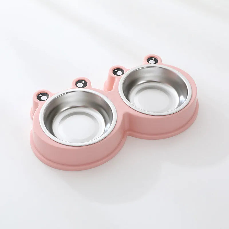 Blue frog-shaped stainless steel double pet bowl for food and water, shown in large size.