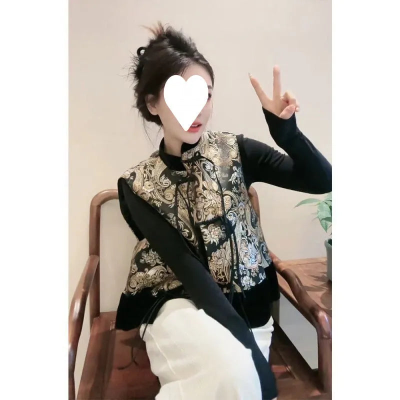 Retro Tang Suit style vest with plant and flower pattern, button cardigan front, 50cm length, picture colour