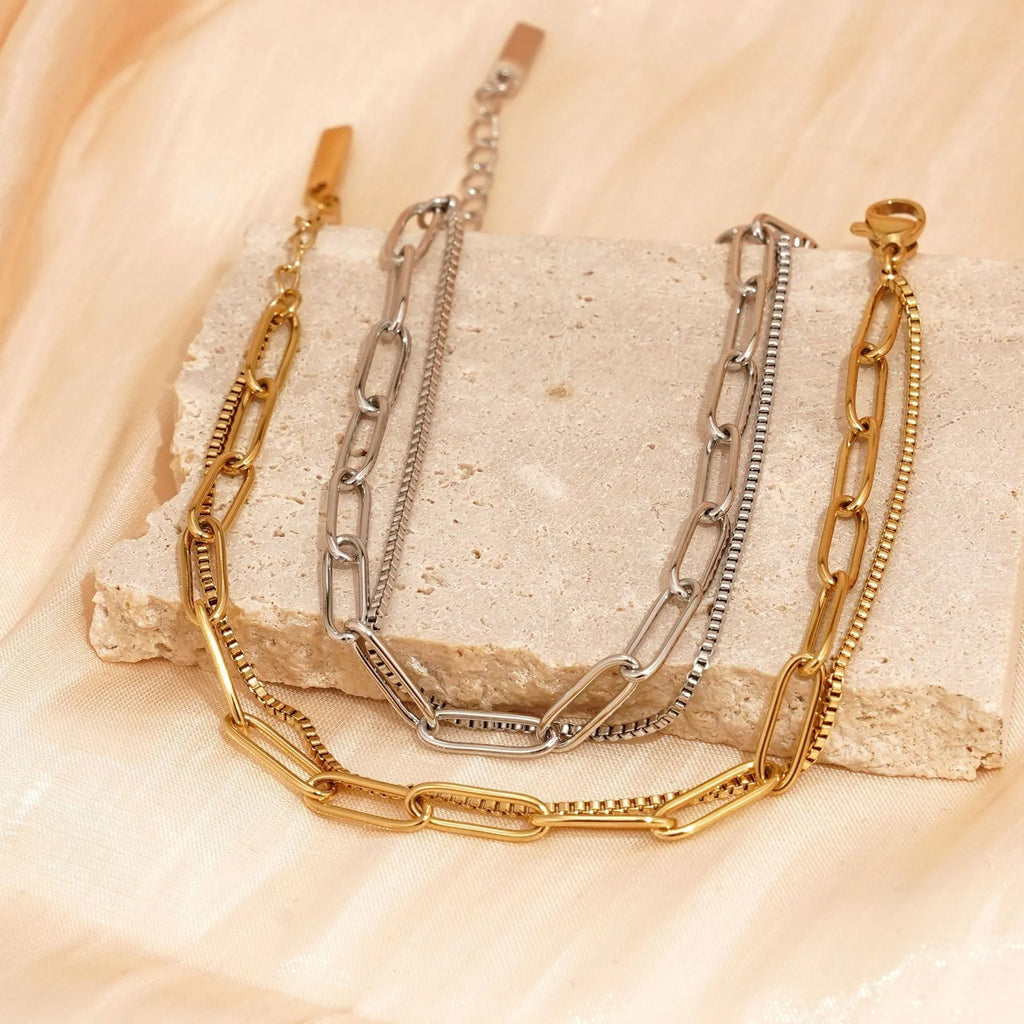 Women's geometric line bracelet in stainless steel with gold or silver electroplated finish