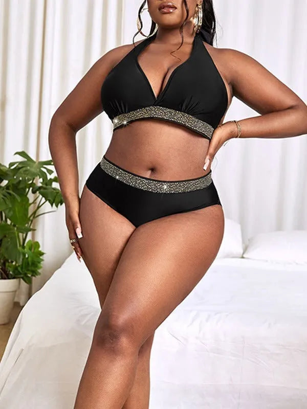 Black plus size women's swimsuit bikini with bra top and shorts for swimming