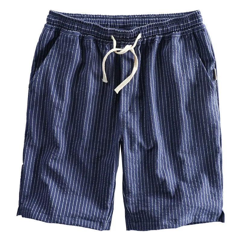 Men's striped cotton casual shorts with elastic waist in loose straight fit