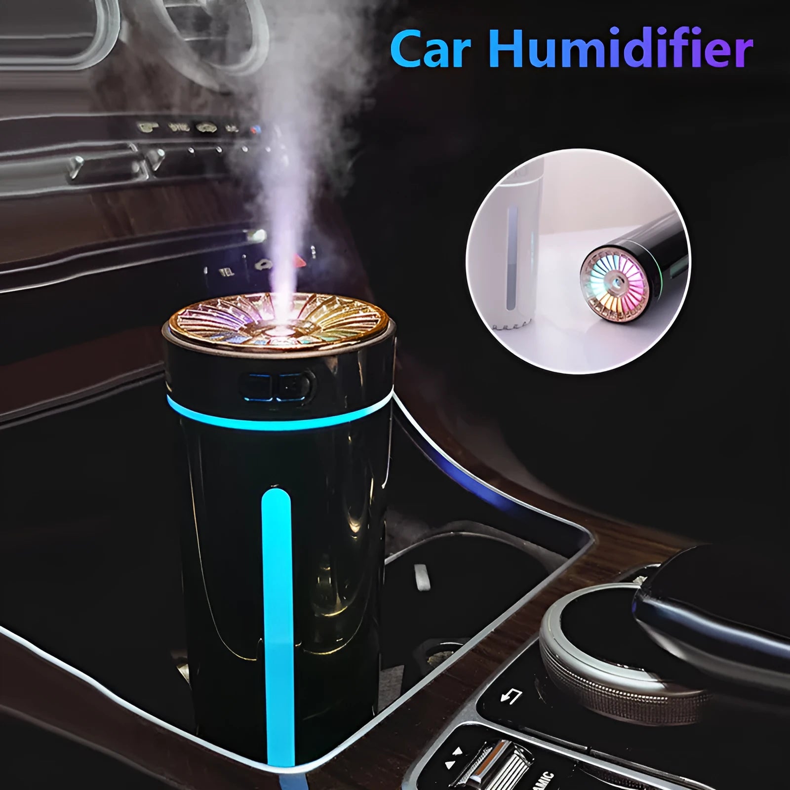 Black wireless ultrasonic humidifier with colourful lights, shown next to a USB cable on a desk.