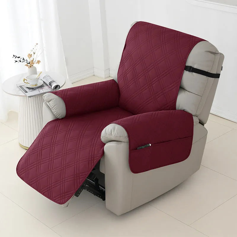 Quilted burgundy sofa cover fitted on a Chivas massage chair.