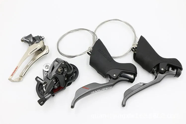 Road bike 11-speed aluminum alloy transmission kit showing manual shifter, dials, and short-leg rear derailleur.