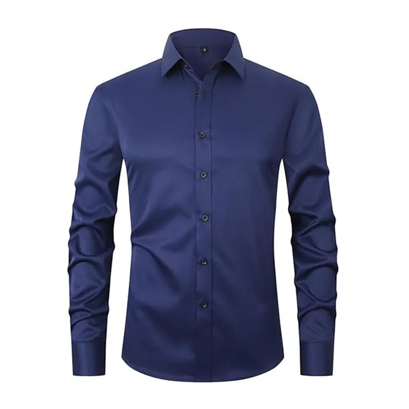 Men's stretch long sleeve work shirt in polyester, showing colour options and size range up to 3XL.