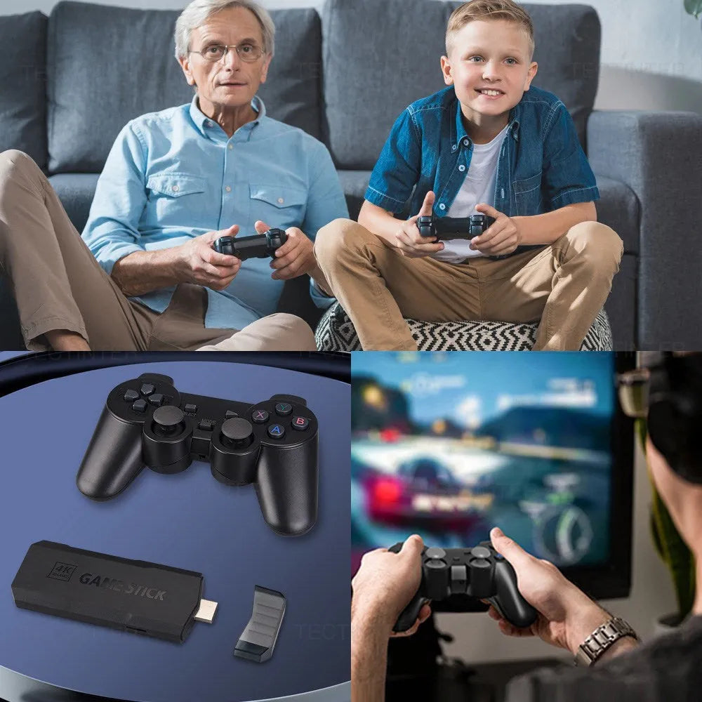 HD home TV game console with wireless controller on television stand