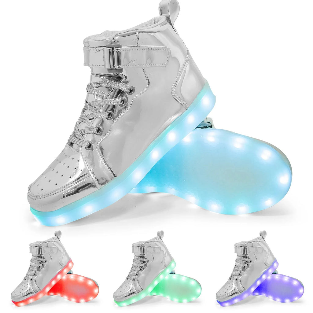 Pair of black high-top sneakers with LED lights illuminated on the side and Velcro straps.