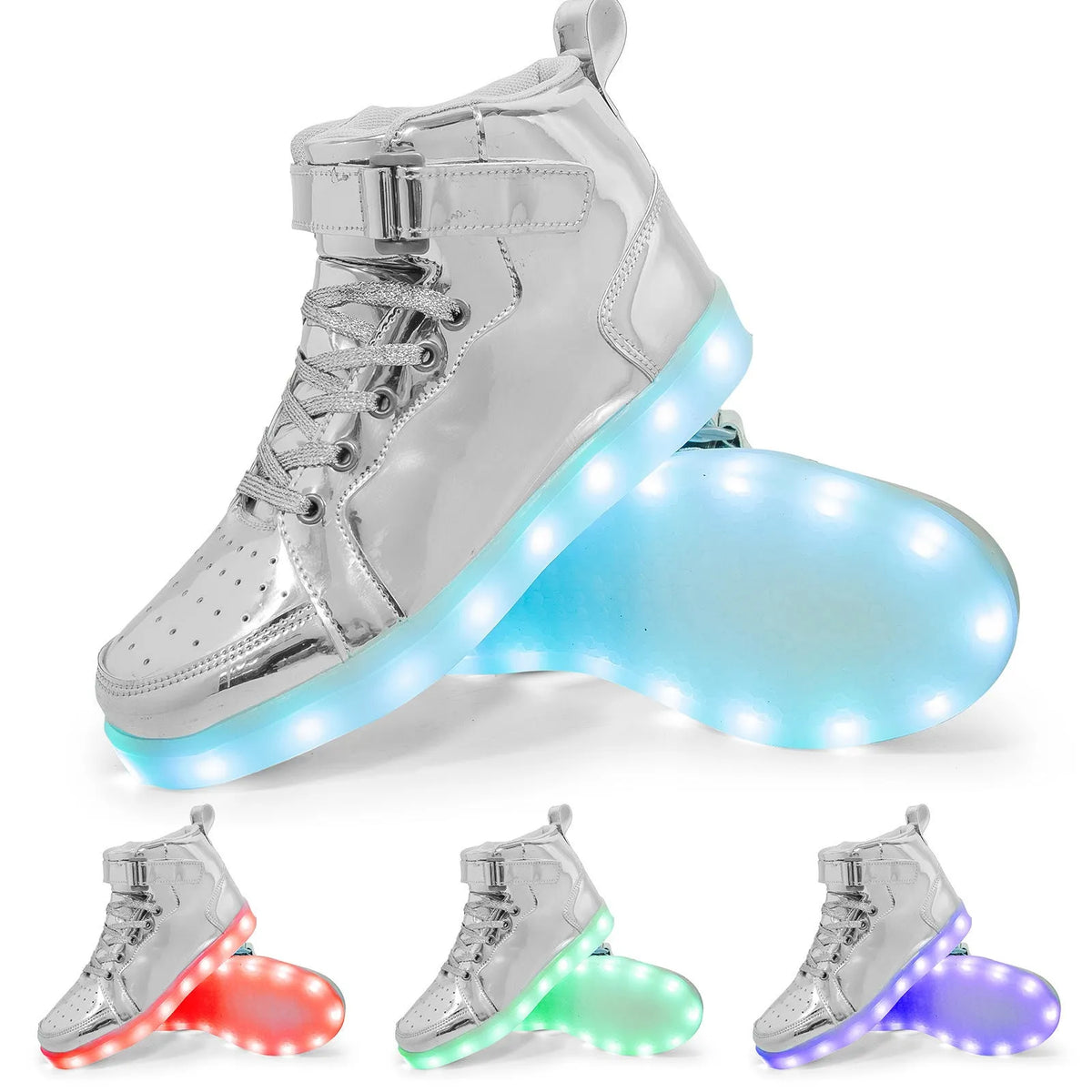 Pair of black high-top sneakers with LED lights illuminated on the side and Velcro straps.