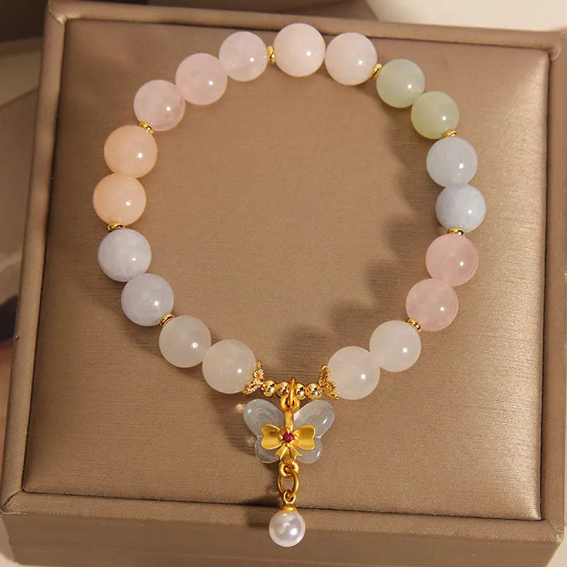 Women's crystal bracelet with colourful Morganite stone and butterfly pendant jewellery