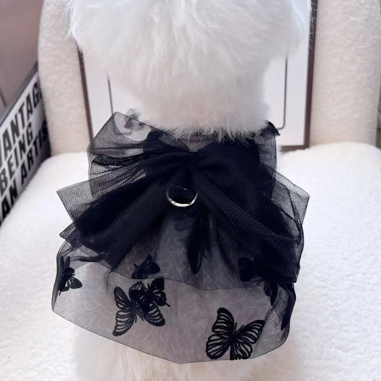 Black princess tulle skirt pet clothing for small dogs and cats showing five size options