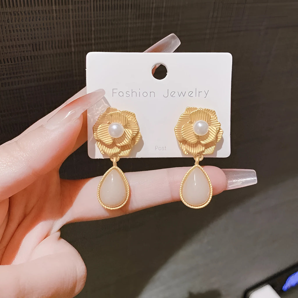 Gold colour Hong Kong style flower stud earrings with needle rose pearl and opal stone design