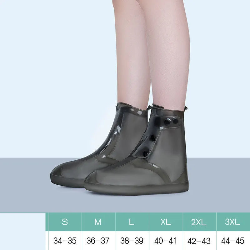 White high-top PVC reusable waterproof shoe cover shown on a foot, with size chart for S to 3XL.