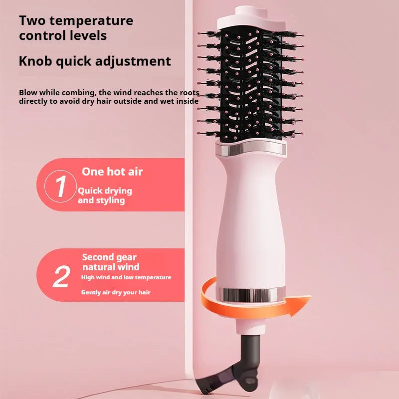 Pink multifunctional hair dryer with attached styling comb for drying and curling hair