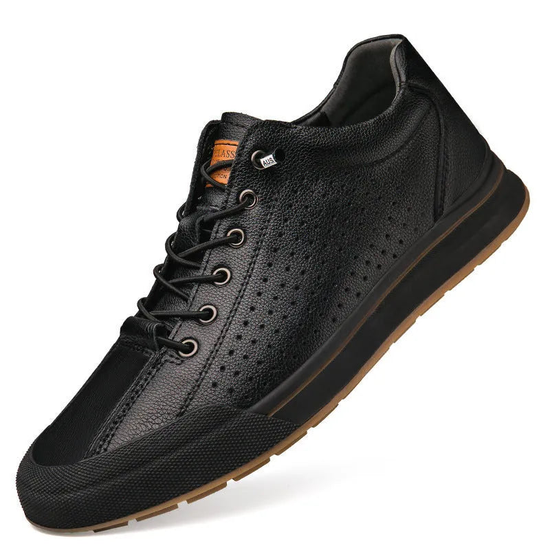 Men's white and black matte leather casual shoes with flat heel and round toe, showing hollow-out, standard, and fleece-lined versions.