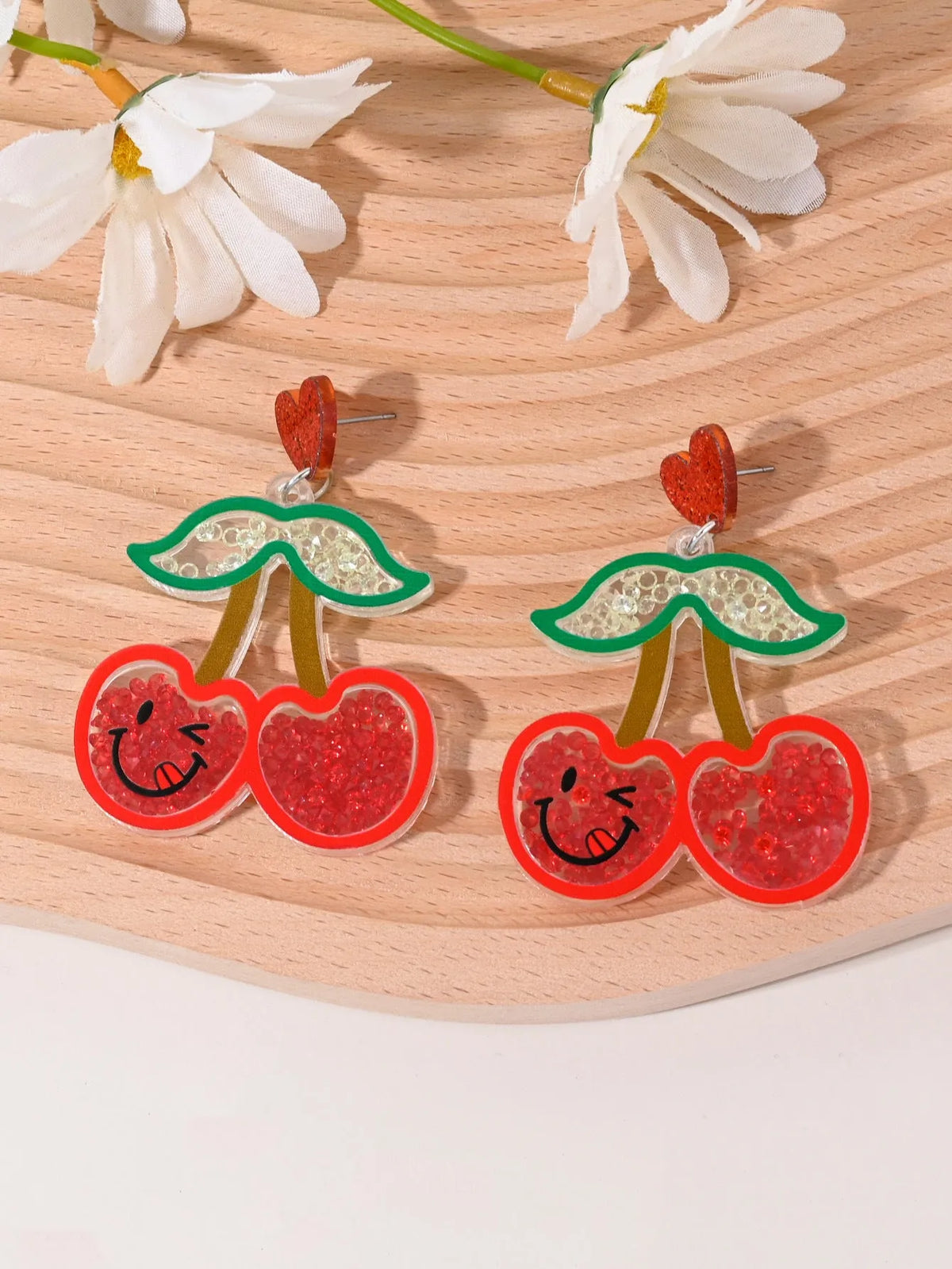 Acrylic women's earrings with fruit, cake, and ice cream designs in pastoral style.