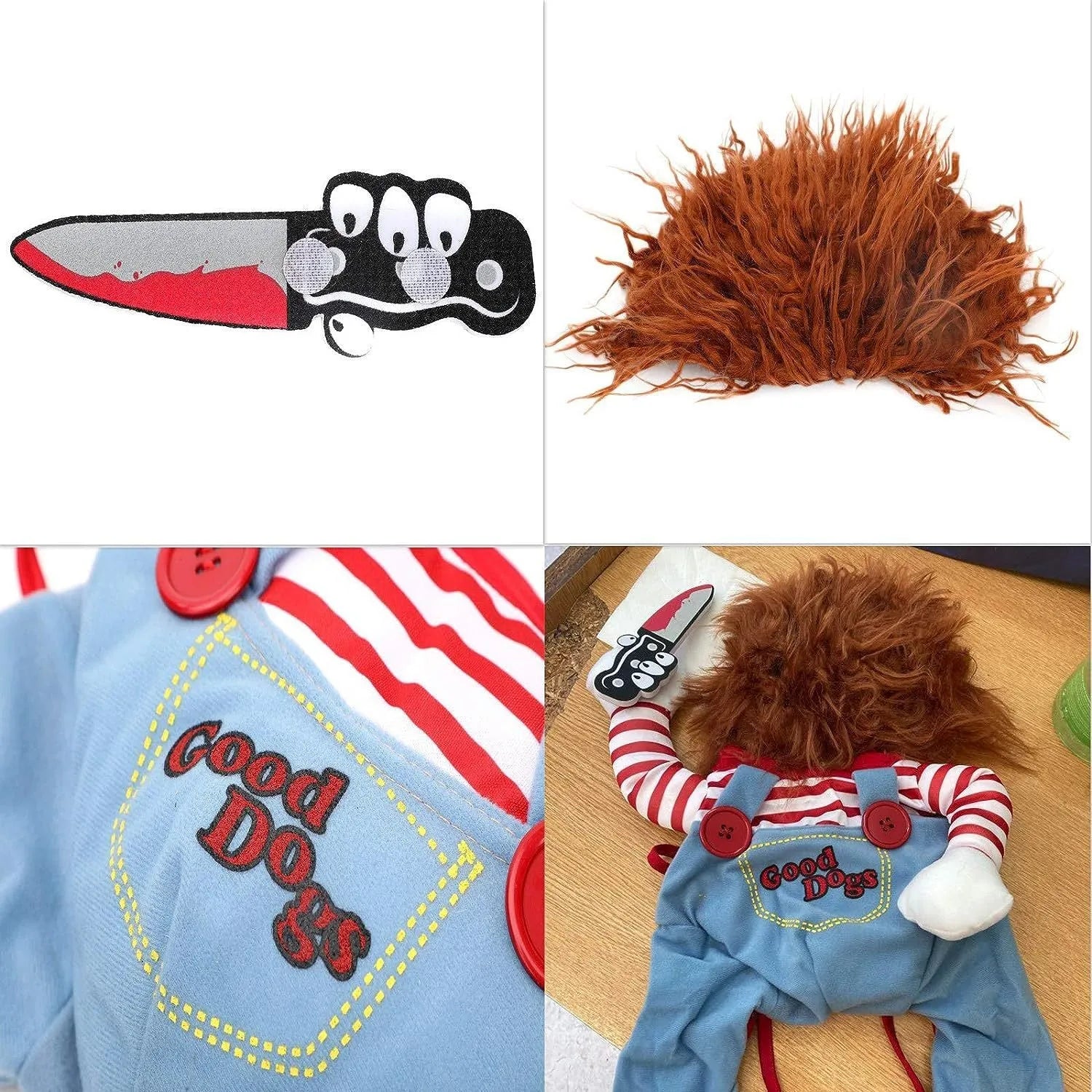 Striped Halloween harness pants costume 3-piece set for dog or cat with plastic knife accessory