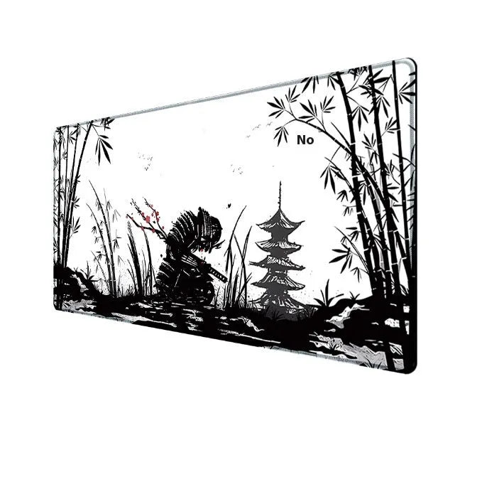 Japanese Samurai design gaming mouse pad on a desk, showing non-slip rubber base and cloth surface.