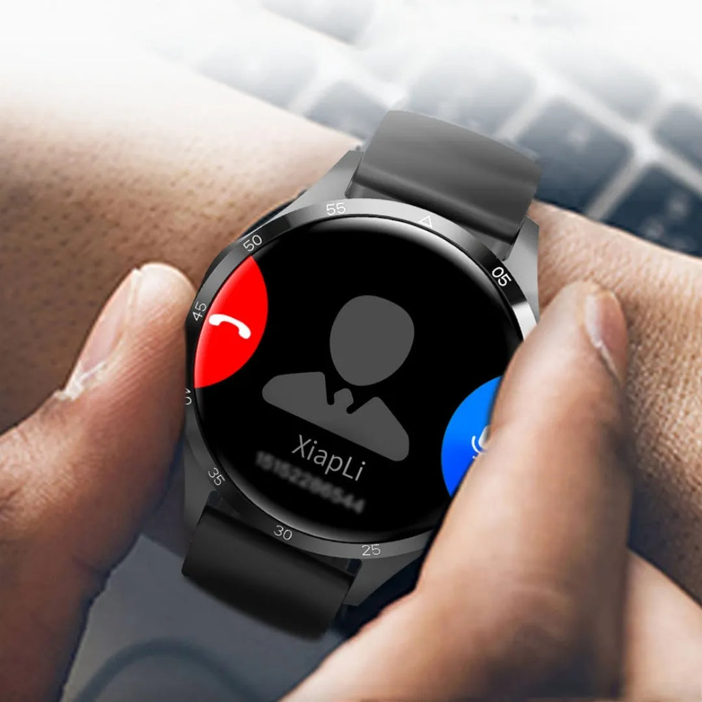Black smartwatch with Bluetooth calling and health monitoring functions on wrist