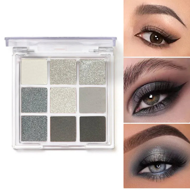 Smoked design nine-colour eye shadow palette showing white, silver, black, and iron grey shades