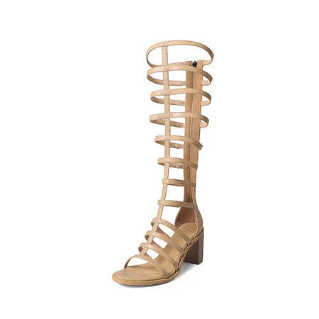 Women's apricot open toe high heel sandal boots with 6-8cm heel and back zipper