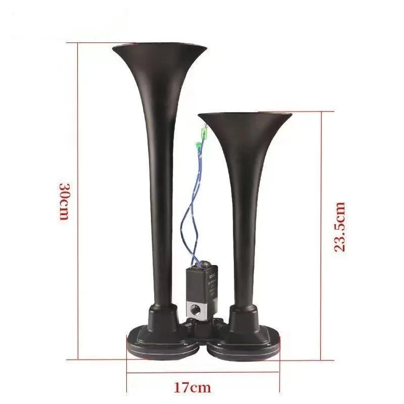 Black dual trumpet 12V 24V 300DB super loud air horn and compressor kit for universal vehicle fitment