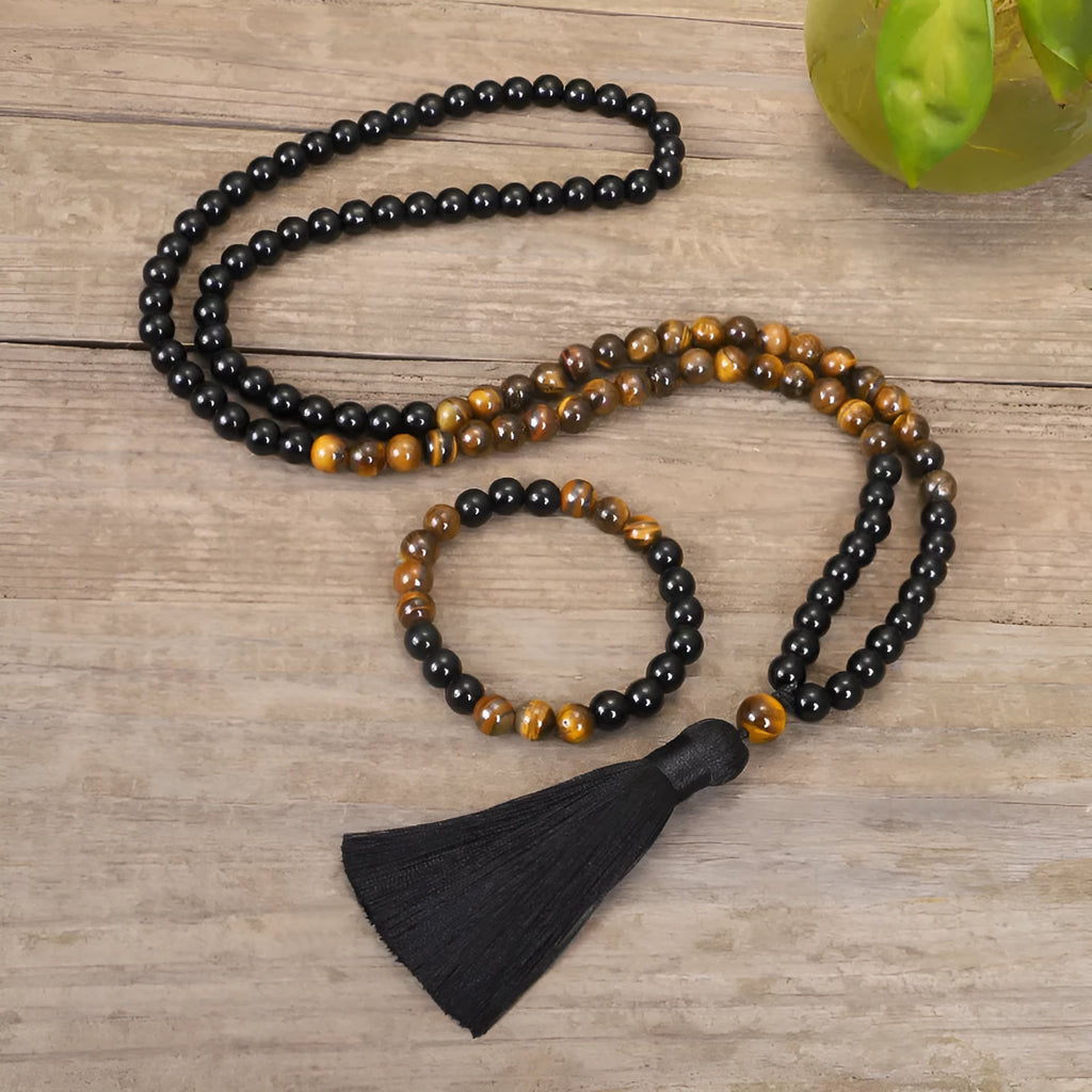 Handmade tiger eye stone necklace with brass tassel charm on ball bead chain