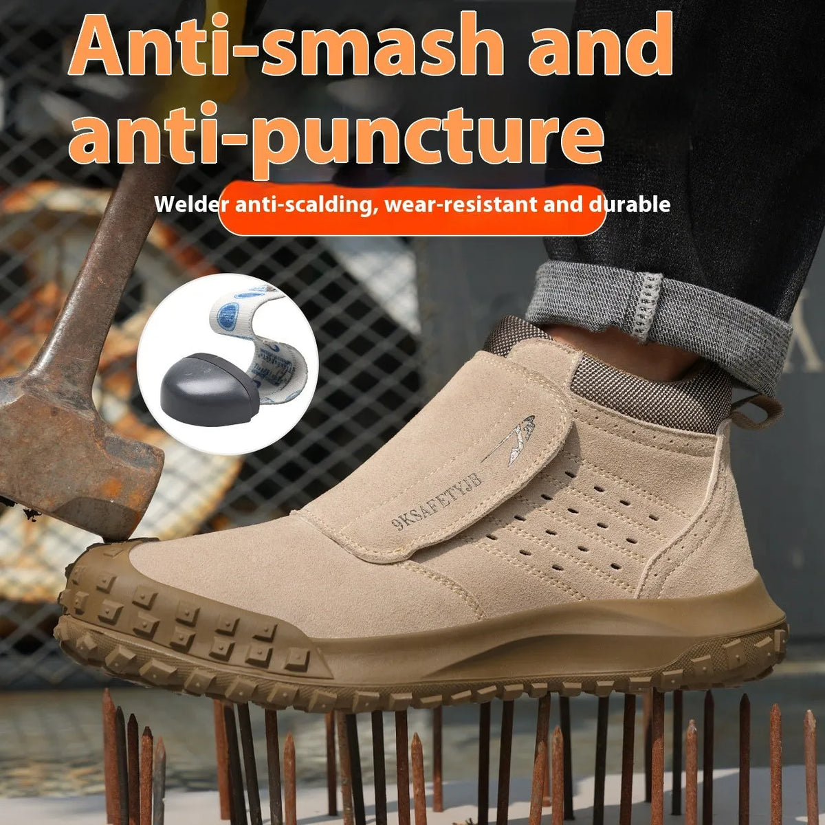 Lightweight welder labour protection shoes with steel toe cap in sand colour on a workbench.