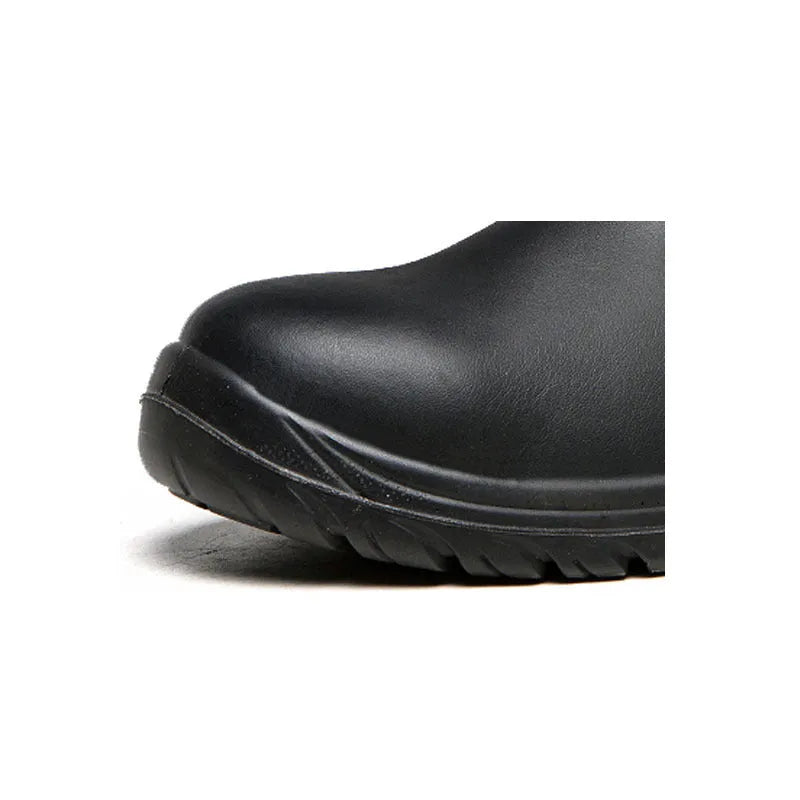 Black leather safety work boots with a high-top design and steel toe cap on a white background.