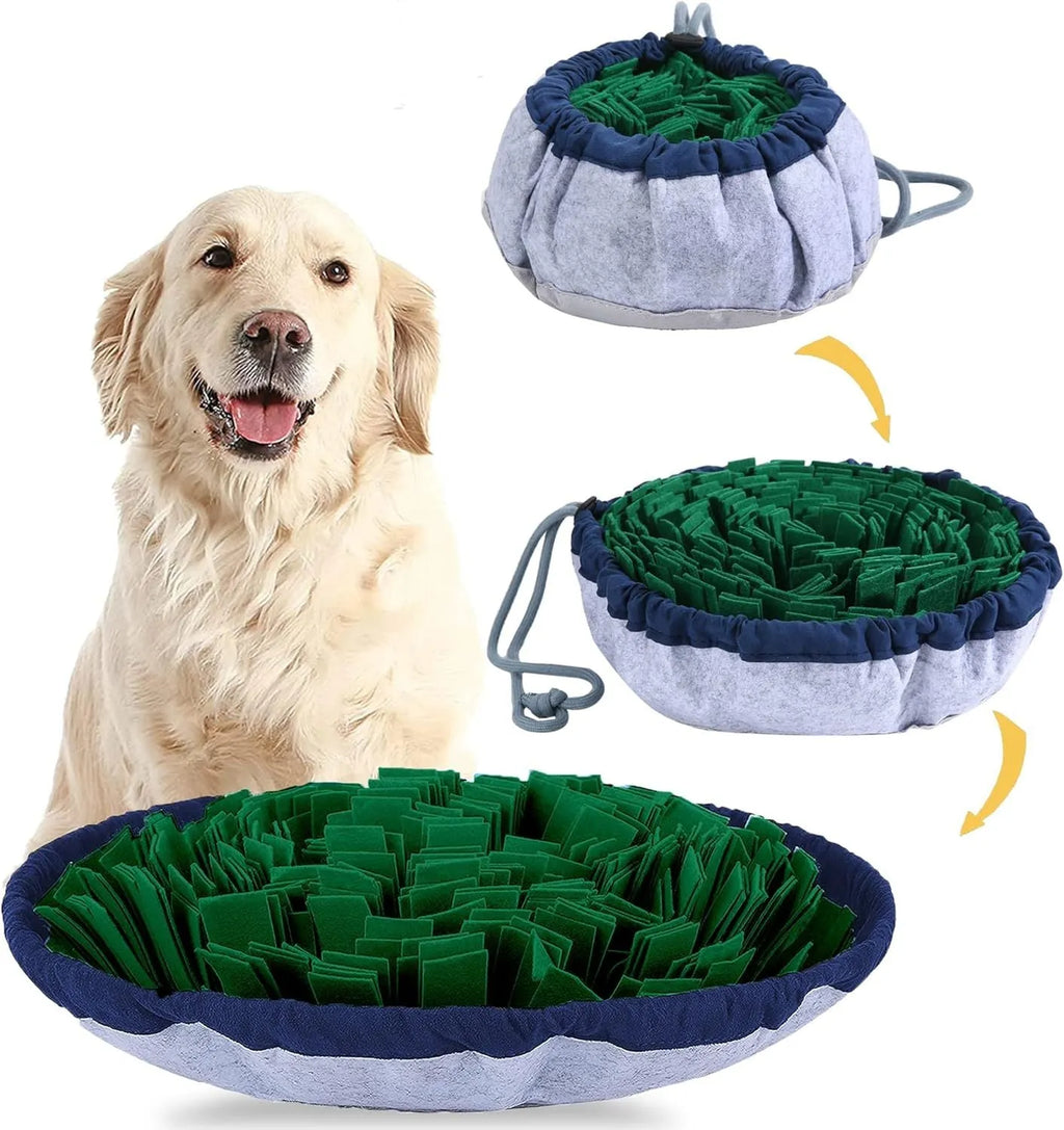 Blue adjustable fabric snuffle mat for dogs with hidden treat pockets.
