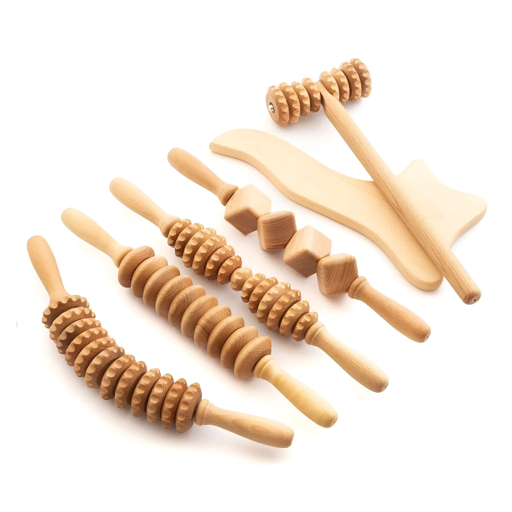 Wooden massage roller set with multiple beech wood roller shapes including T-shaped and wheel configurations
