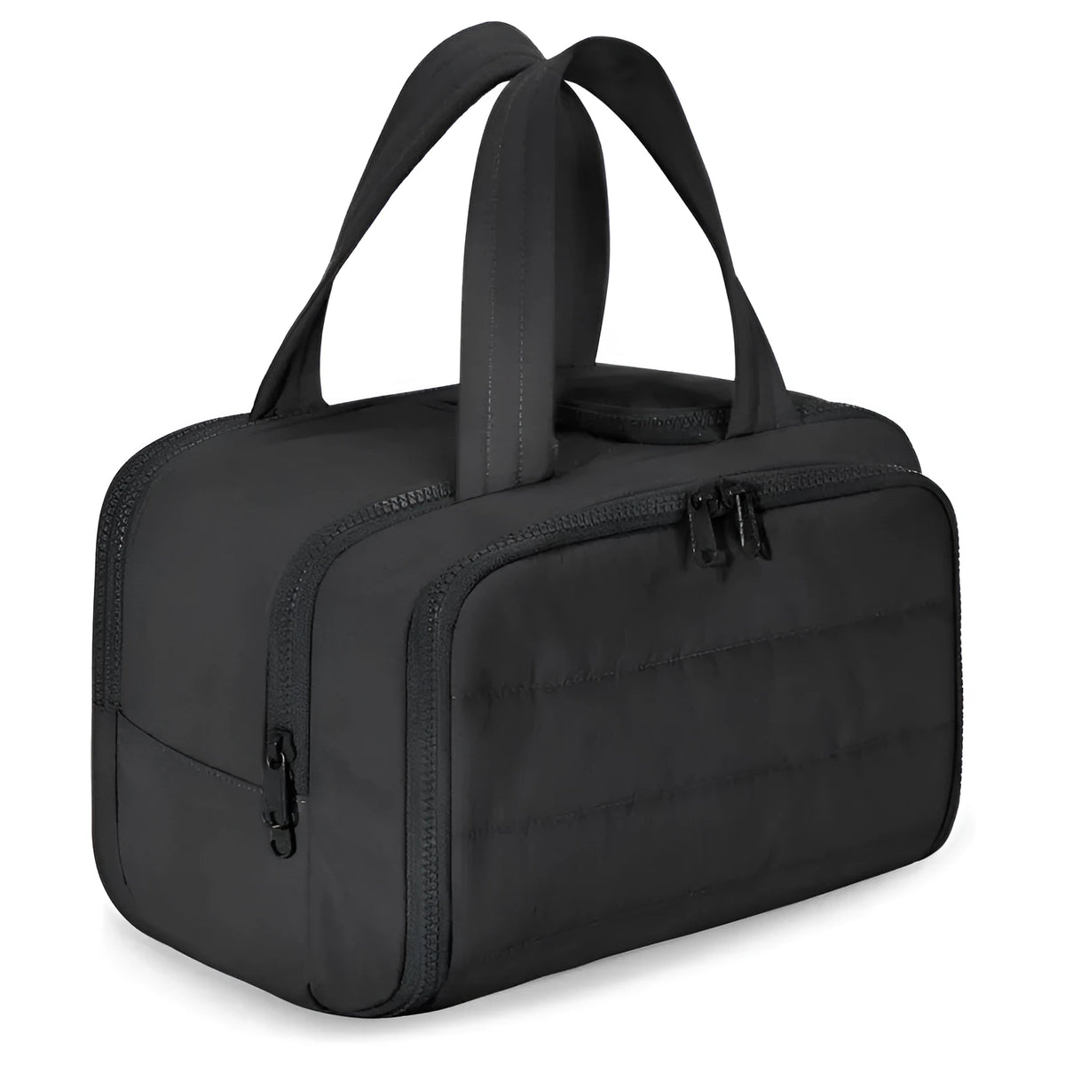 Large open travel toiletry bag in beige colour showing spacious interior, made from polyester fabric.