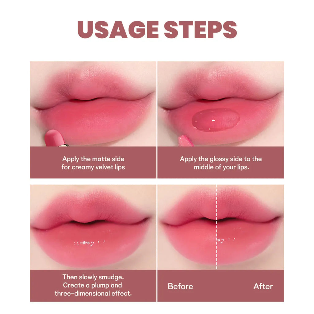 Double-headed lipstick and lip gloss in matte finish, showing ten different shade colour options.