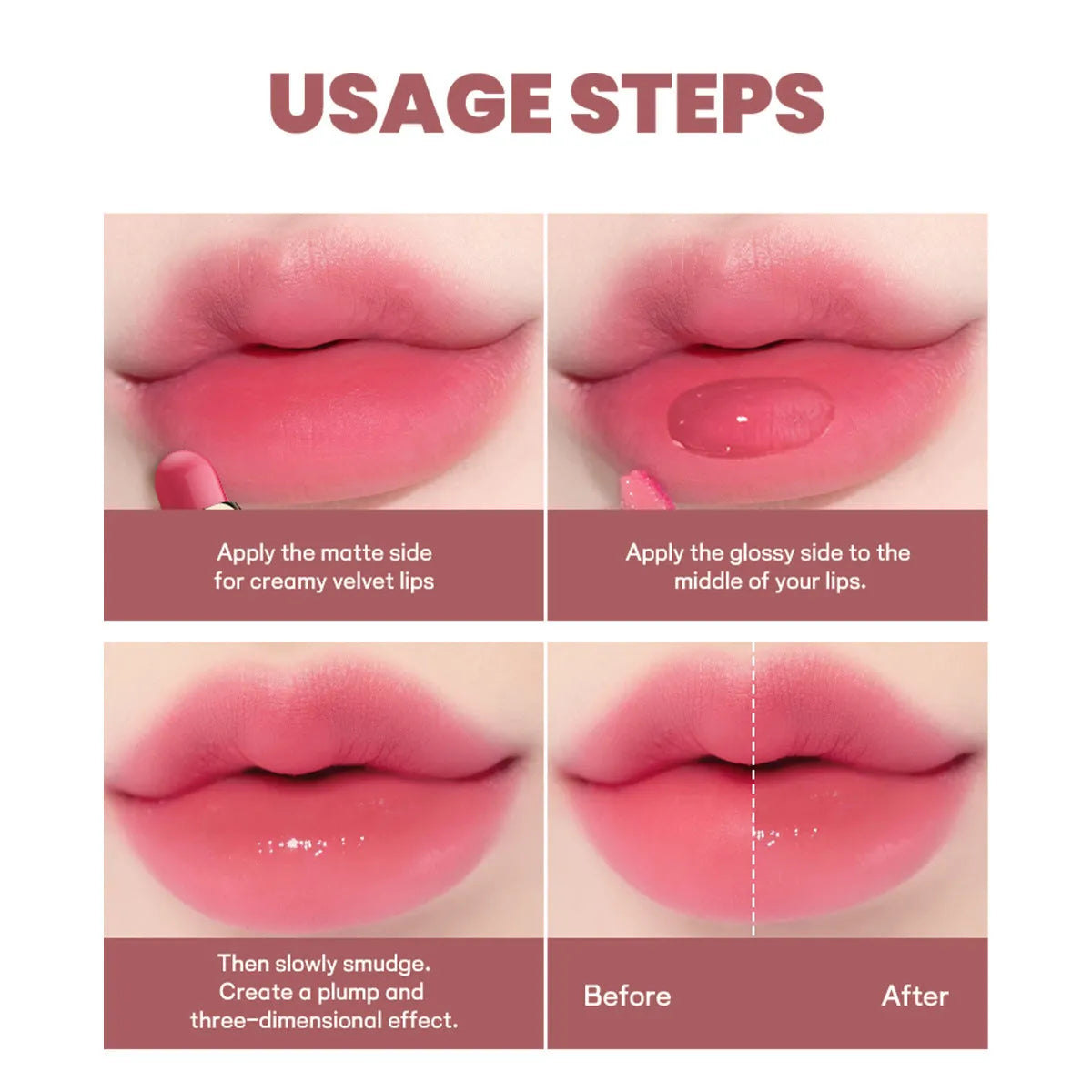 Double-headed lipstick and lip gloss in matte finish, showing ten different shade colour options.