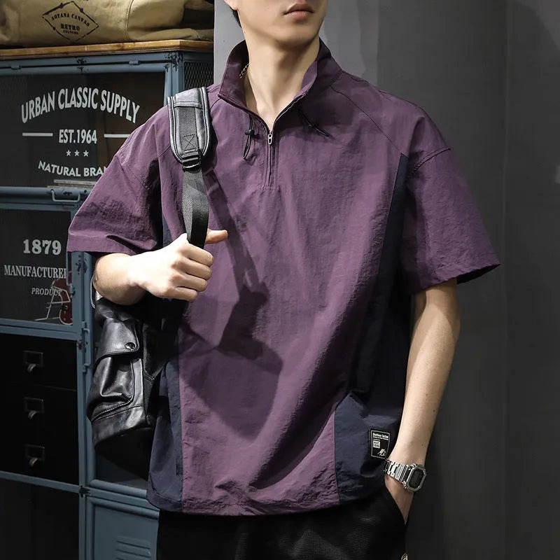 Men's brown half zip stand collar short sleeve shirt in fleece-lined Ice Silk fabric
