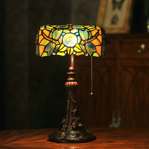 10-inch Tiffany table lamp with coloured stained glass shade on resin base for study room decoration