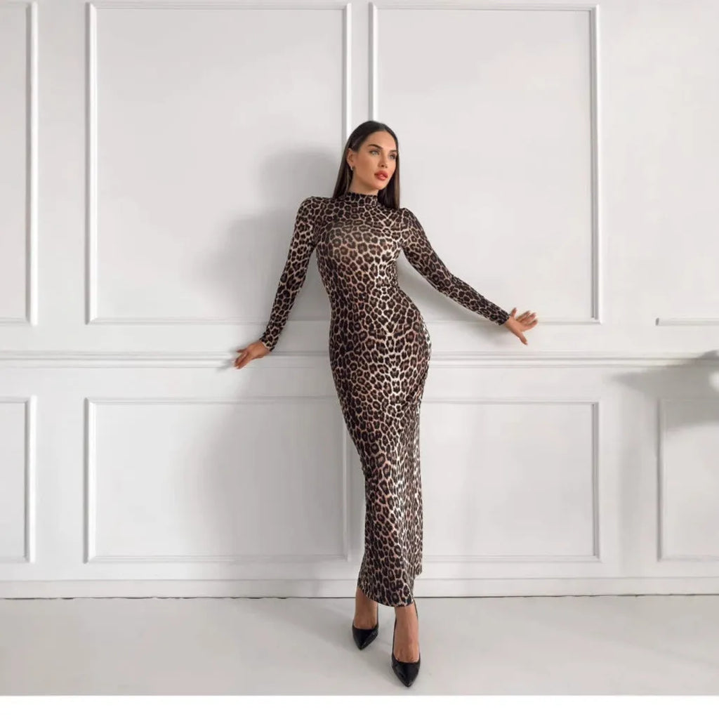 Leopard print long sleeve dress with stand collar and high waist design