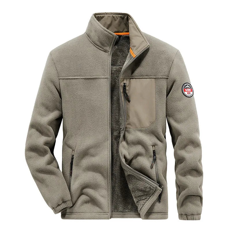Men's grey thickening fleece cardigan jacket with zipped pockets, shown on a model.