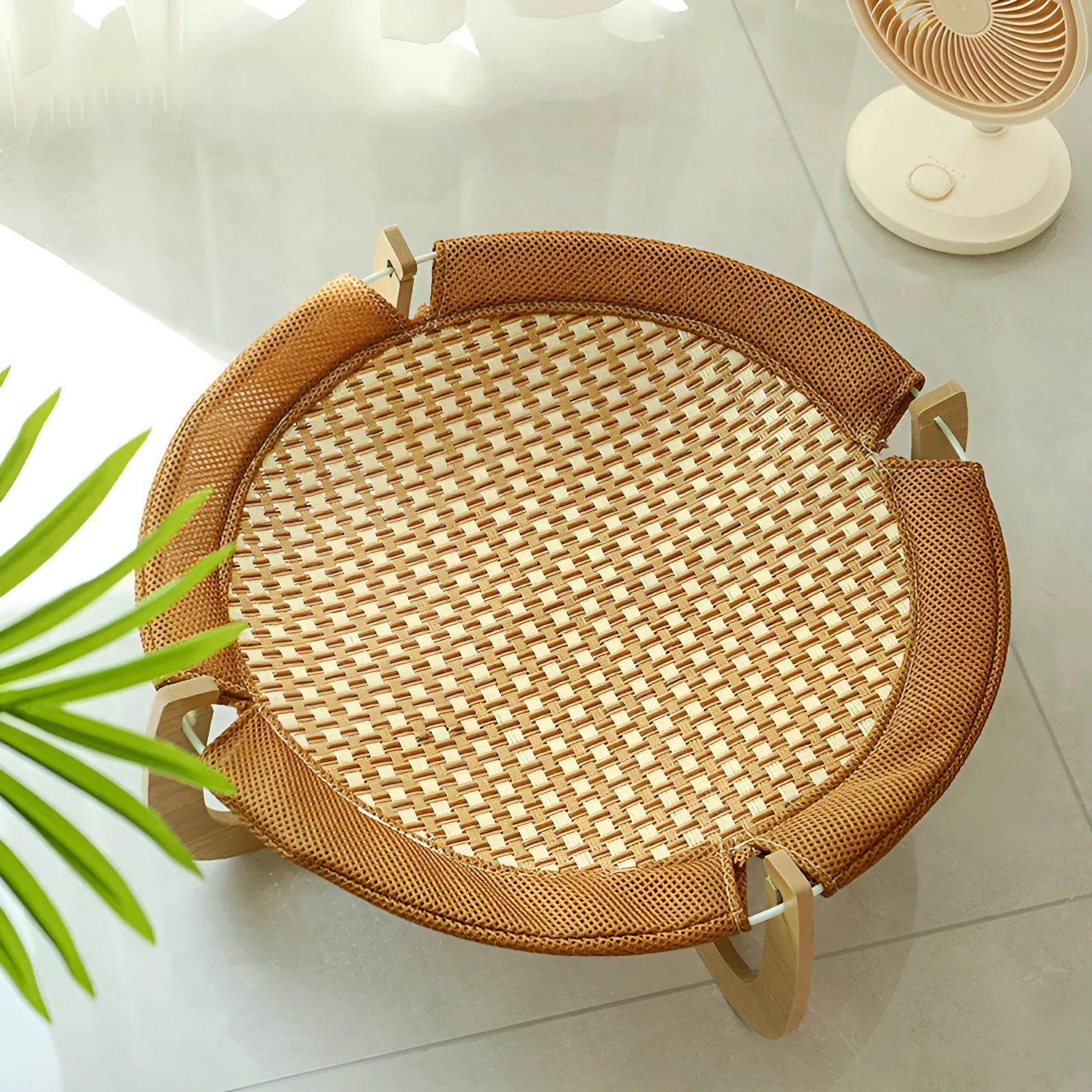 Brown woven rattan pet hammock bed measuring 46cm with raised design for cats and small dogs