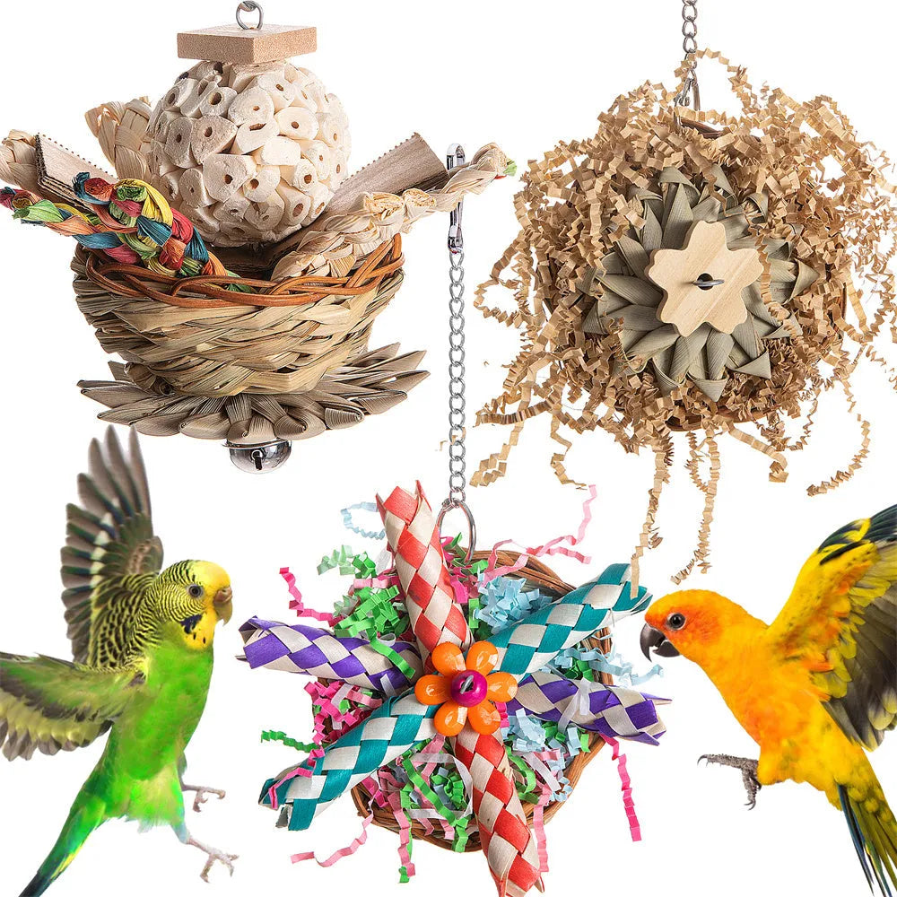 Three different parrot gnawing toys in set for chewing enrichment and beak exercise