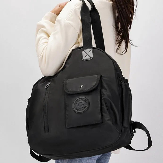 Lightweight nylon women's backpack with sandwich pockets in black, khaki or green letter print
