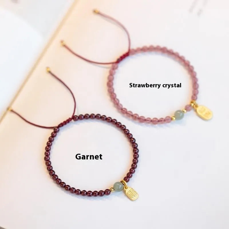 Hand-woven red rope bracelet with strawberry quartz beads in national tide style for women