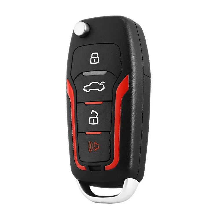 Red and black one-way remote control car alarm system with two remotes displayed.