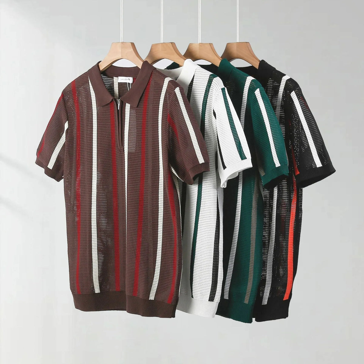 Men's black short-sleeved polo shirt with hollow mesh knitting and a silver zipper decoration on the front.